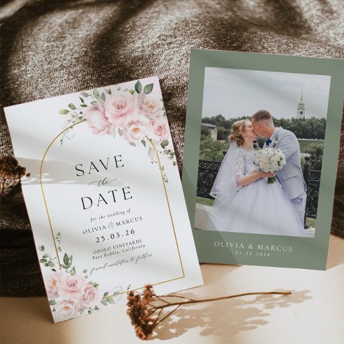 Boho Blush Pink Rose Floral Gold Arch Wedding Save The Date