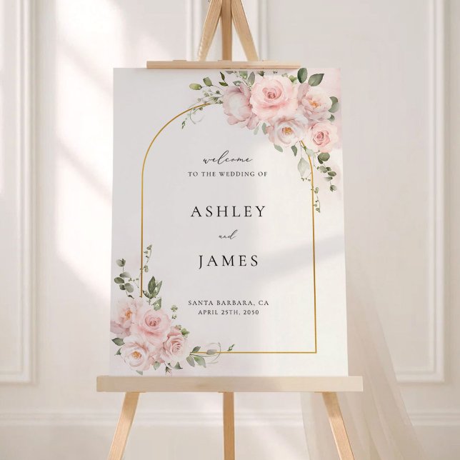Boho Blush Pink Rose Floral Wedding Welcome Sign (Boho blush pink rose floral arch wedding welcome sign with soft watercolor florals and gold frame)