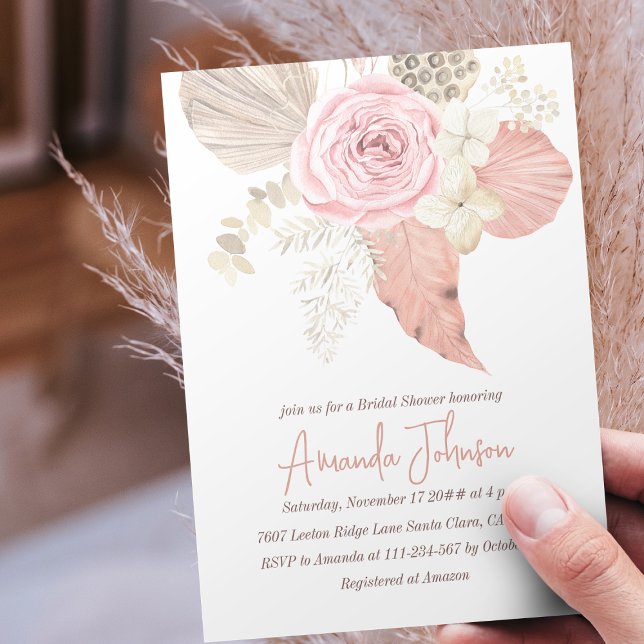 Boho Blush Pink Rose Pampass Grass Bridal Shower Invitation (Creator Uploaded)