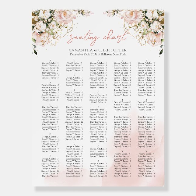 Boho blush pink roses Alphabetical Seating Chart Foam Board (Front)
