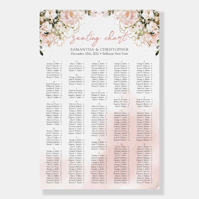 Boho blush pink roses Alphabetical Seating Chart Foam Board (Front)