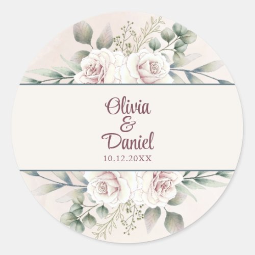 Boho Blush Pink Roses Custom Name Wedding  Classic Round Sticker