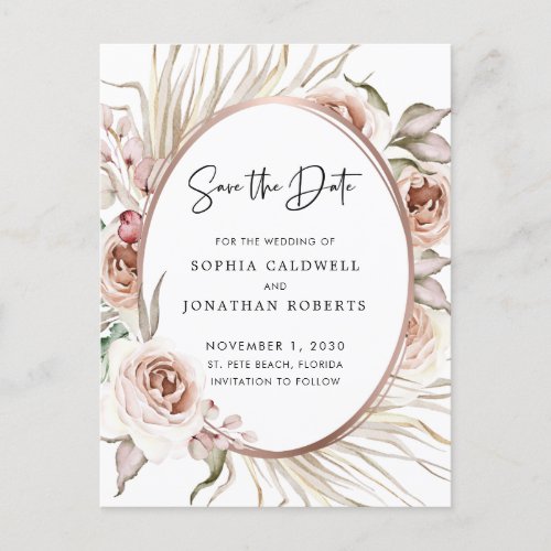 Boho Blush Pink Roses Dried Palm Save the Date Announcement Postcard