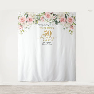 Boho blush pink roses eucalyptus 50th birthday tapestry