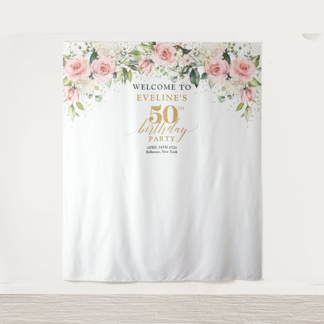 Boho blush pink roses eucalyptus 50th birthday tapestry (Front)