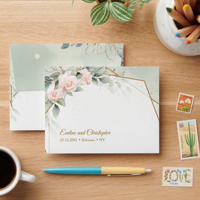 Boho blush pink roses eucalyptus and gold frame envelope (Desk)