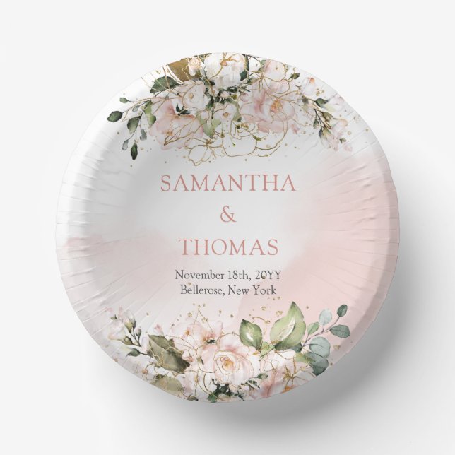 Boho blush pink roses eucalyptus greenery gold paper bowls (Front)