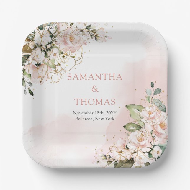 Boho blush pink roses eucalyptus greenery gold paper plates (Front)