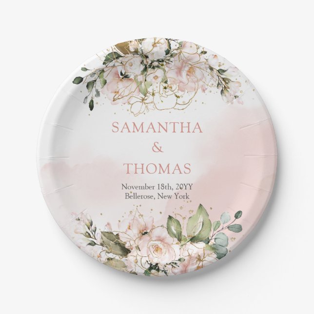 Boho blush pink roses eucalyptus greenery gold paper plates (Front)