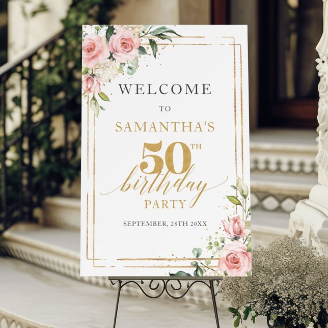 Boho blush pink roses gold 50th Birthday Welcome Foam Board (Elegant boho blush floral gold glitter sage eucalyptus 50th birthday welcome poster sign)