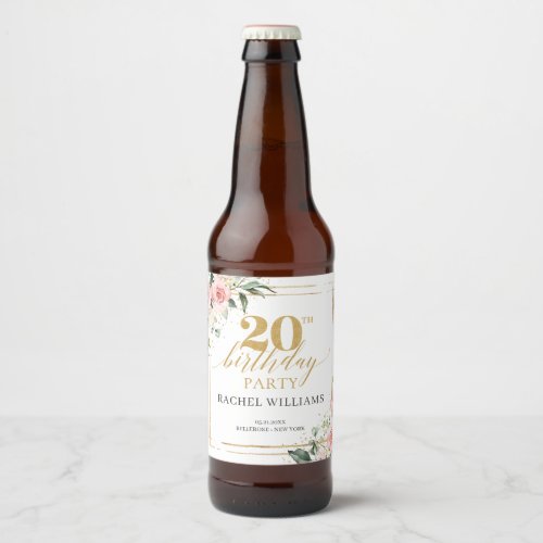 Boho blush pink roses gold glitter 20th birthday beer bottle label