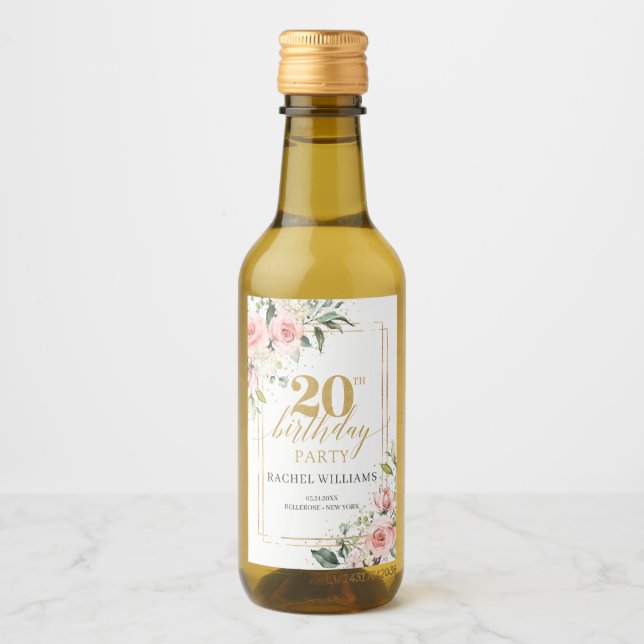 Boho blush pink roses gold glitter 20th birthday wine label (Front)