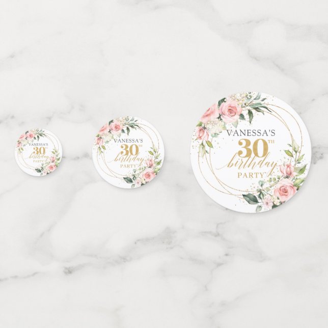 Boho blush pink roses gold glitter 30th birthday confetti (Fronts)