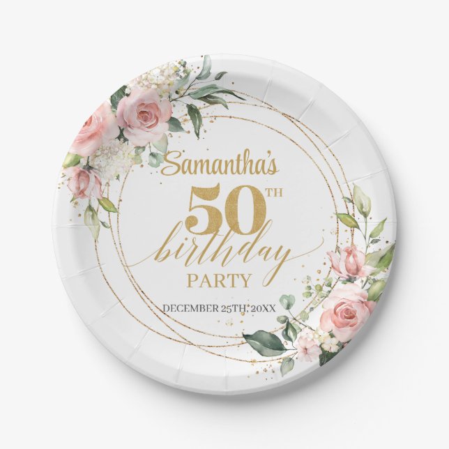 Boho blush pink roses gold glitter 50th birthday paper plates (Front)