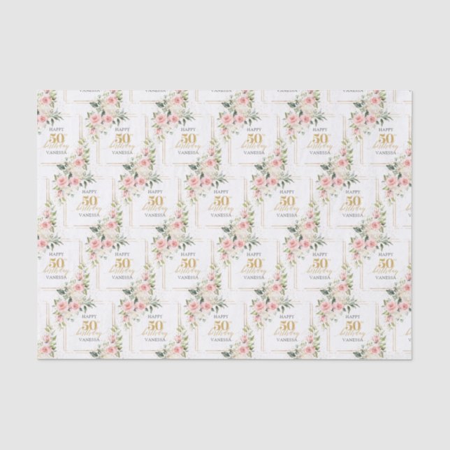 Boho blush pink roses gold glitter 50th birthday tissue paper (Front)