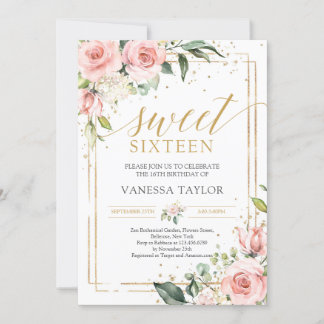 Boho blush pink roses gold glitter green sweet 16 invitation