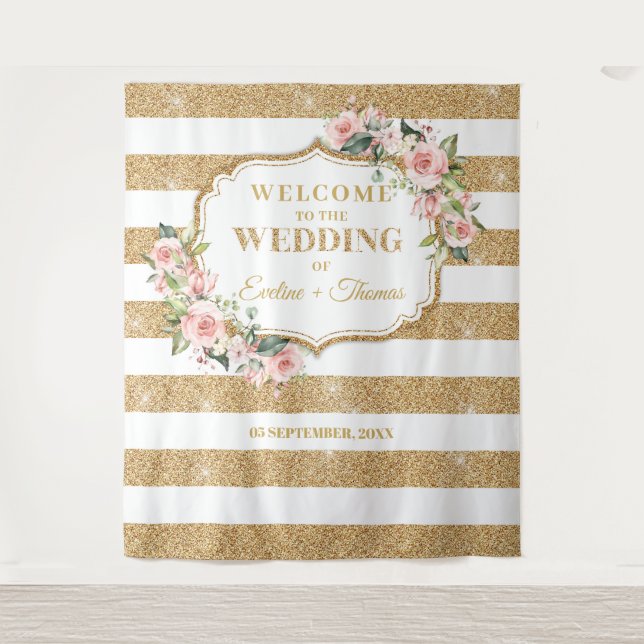 Boho Blush pink roses gold glitter stripes Wedding Tapestry (Front)