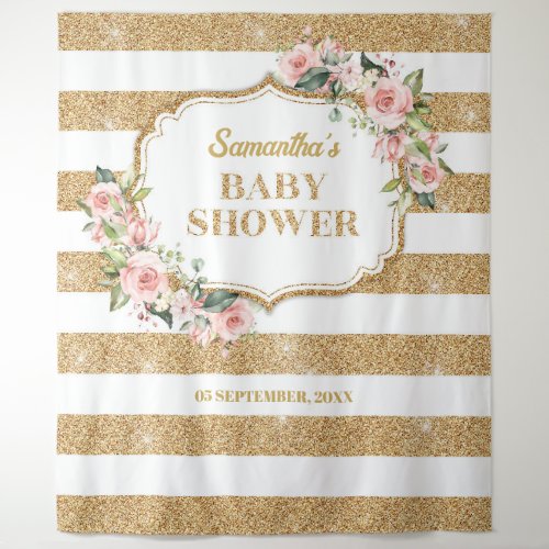 Boho Blush pink roses gold stripes Baby Shower Tapestry