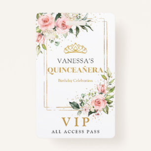 Boho blush pink roses gold tiara sage Quinceanera Badge