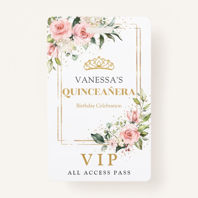 Boho blush pink roses gold tiara sage Quinceanera Badge (Front)