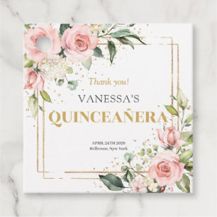 Boho blush pink roses gold tiara sage Quinceañera Favor Tags