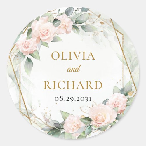 Boho blush pink roses greenery and gold frame classic round sticker