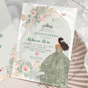 Boho Blush Pink Sage Green Princesa Quinceañera Invitation
