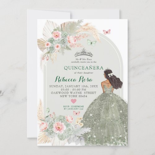 Boho Blush Pink Sage Green Princesa Quinceaera Invitation