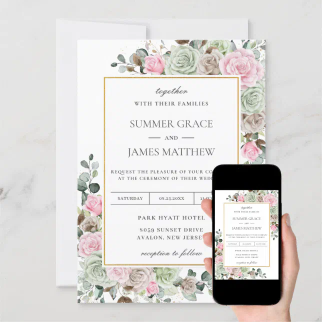 Boho Blush Pink Sage Green Taupe Floral Wedding Invitation Zazzle