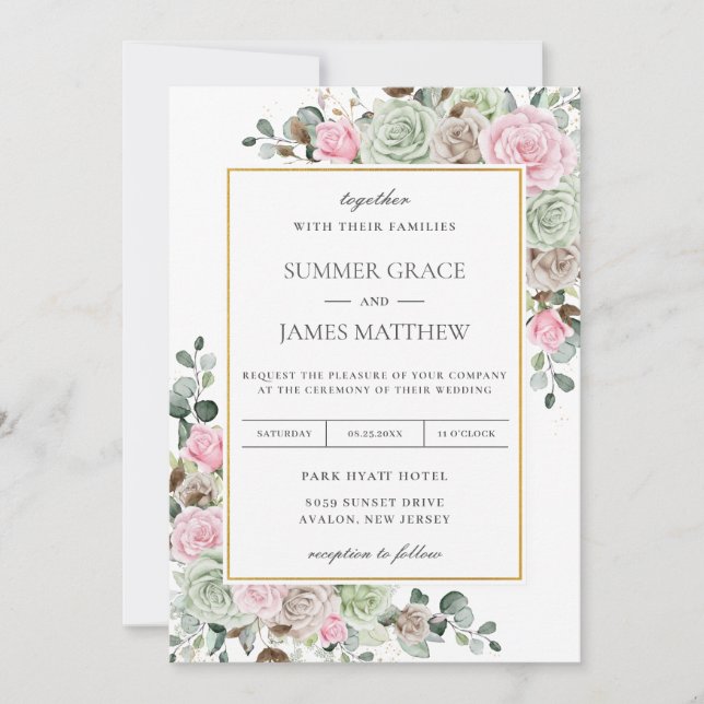 Boho Blush Pink Sage Green Taupe Floral Wedding Invitation (Front)