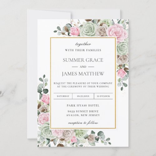 Boho Blush Pink Sage Green Taupe Floral Wedding Invitation