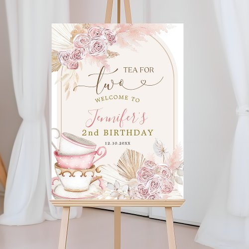 Boho Blush Pink Tea for Two Birthday Welcome Sign