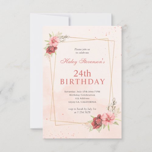 Boho Blush Pink Terracotta Floral 24th Birthday Invitation