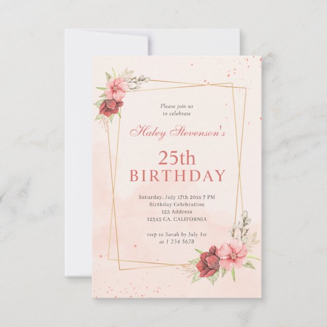 Boho Blush Pink Terracotta Floral 25th Birthday Invitation (Front)