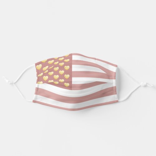 Boho Blush Pink US Flag Gold Hearts Adult Cloth Face Mask