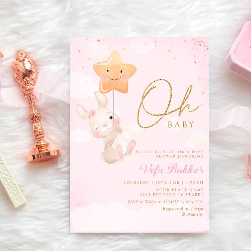 Boho Blush Pink Watercolor Bunny Girl Baby Shower Invitation