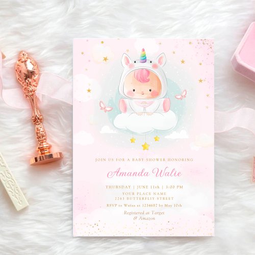 Boho Blush Pink Watercolor Cute Girl Baby Shower Invitation