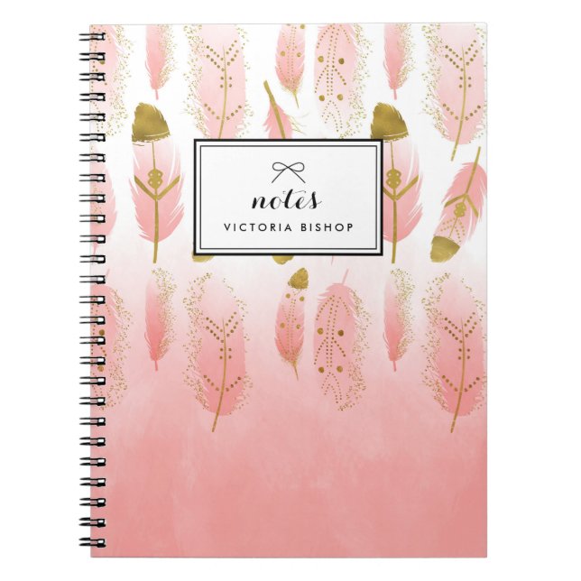 Boho Blush Pink Watercolor Feathers Ombre Custom Notebook (Front)