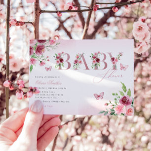 Boho Blush Pink Watercolor Floral Girl Baby Shower Invitation