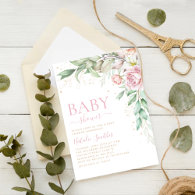 Boho Blush Pink Watercolor Floral Girl Baby Shower Invitation