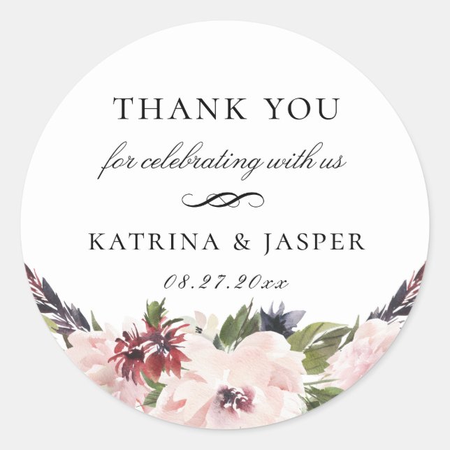 Boho Blush Plum Floral Wedding Favor Classic Round Sticker (Front)