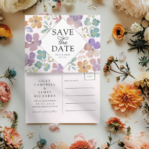 Boho Blush & Purple Wildflowers Save the Date Announcement Postcard