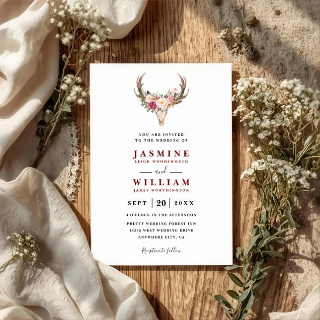 Boho Blush Red Floral Antler Skull QR Code Wedding Invitation (Creator Uploaded)