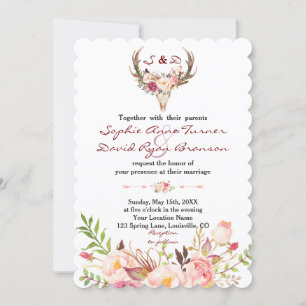 Boho Blush Red Floral Antler Skull Wedding Invitation