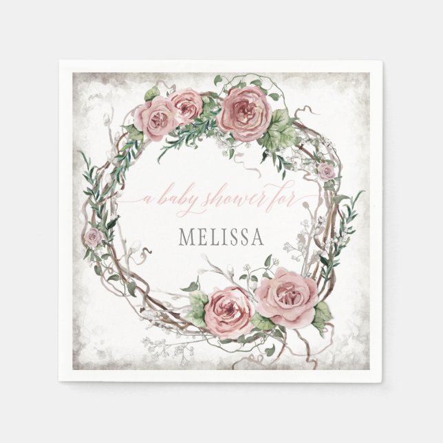 BOHO Blush Rose Floral Baby Girl Shower Napkins (Front)