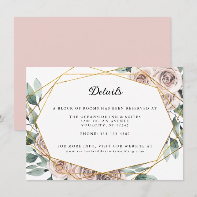 Boho Blush Rose Floral Geometric Wedding Details Enclosure Card (Front/Back)