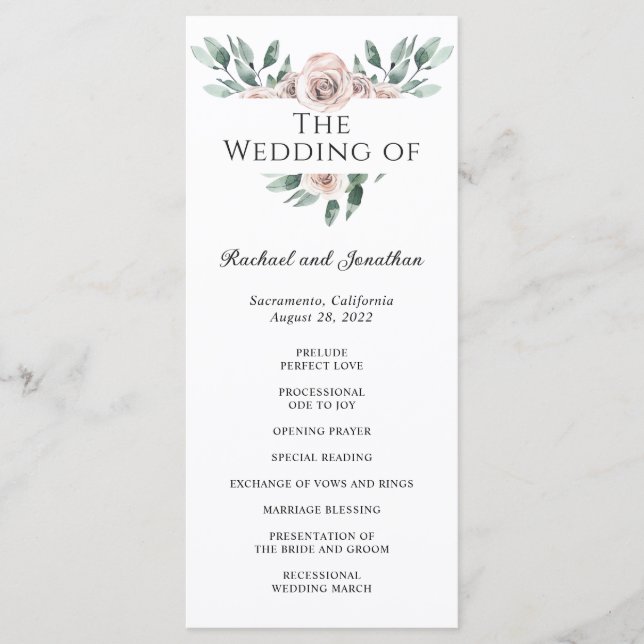 Boho Blush Rose Floral Wedding Program (Front)