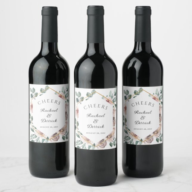 Boho Blush Rose Floral Wedding Wine Label (Bottles)