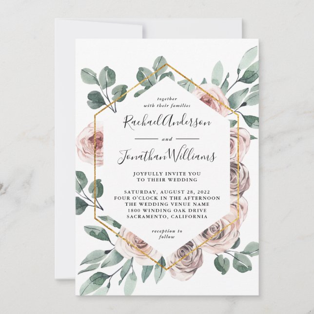 Boho Blush Rose Floral with Geometric Frame Invitation (Front)