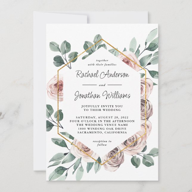 Boho Blush Rose Floral with Geometric Frame Invitation (Front)